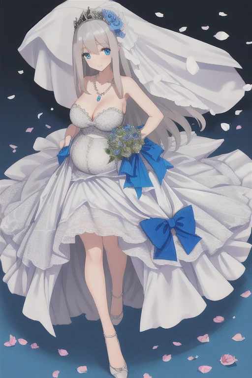(((Best quality))),((Ultra-detailed)),((illustration)),((Disheveled hair)),((frilld)),(1 girl),(Solo),1girl,
1girl,
blue bow,
blue eyes,
blue flower,
blue ribbon,
blue rose,
bouquet,
breasts,
dress,
flower,
gradient,
gradient background,
grey background,
jewelry,
long hair,
necklace,
petals,
rose,
solo,
veil,
wedding dress,
white dress,
lexington \(warship girls r\),
gray hair,
long dress,
full body,5 months pregnant,5 months pregnant,