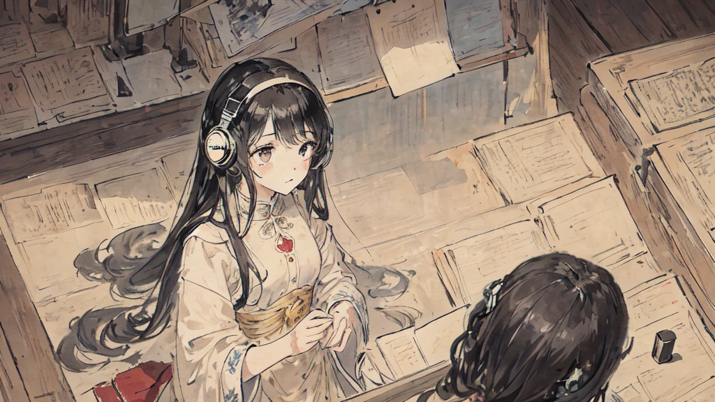 masterpiece, Highest quality, Very delicate and beautiful girl,Very delicate and beautiful, world masterpiece theater, Very detailed, Very detailed, Highest quality, Black Hair, High resolution, Very detailed,One girl, Highest quality, figure, View your viewers, material, canvas, oil, Genuineistic, Genuineist ,Genuine,A high school girl wearing a listening to music with headphones on her head
