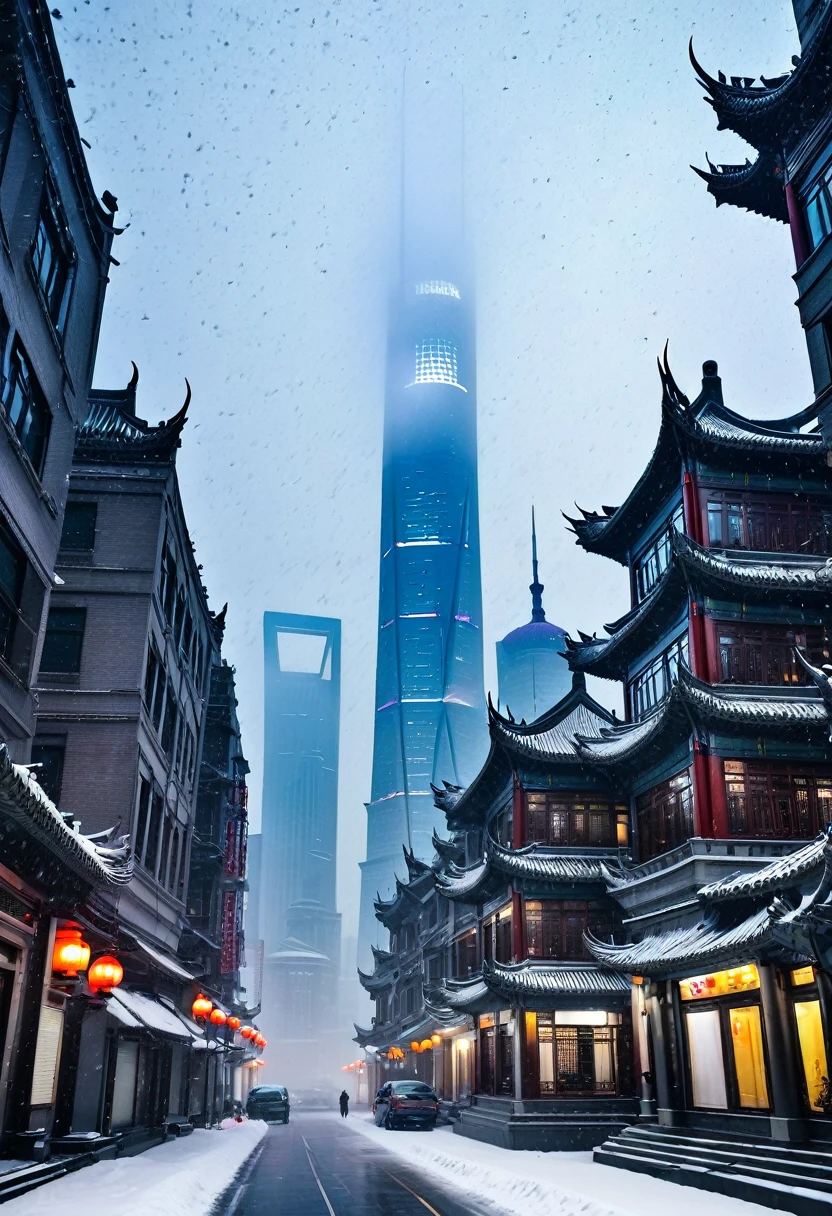 Shanghai, City景观, architecture, Non-human, cold天空,(Blizzard:1.5), Snowstorm, City, Dark sky, cold,Covered in heavy snow