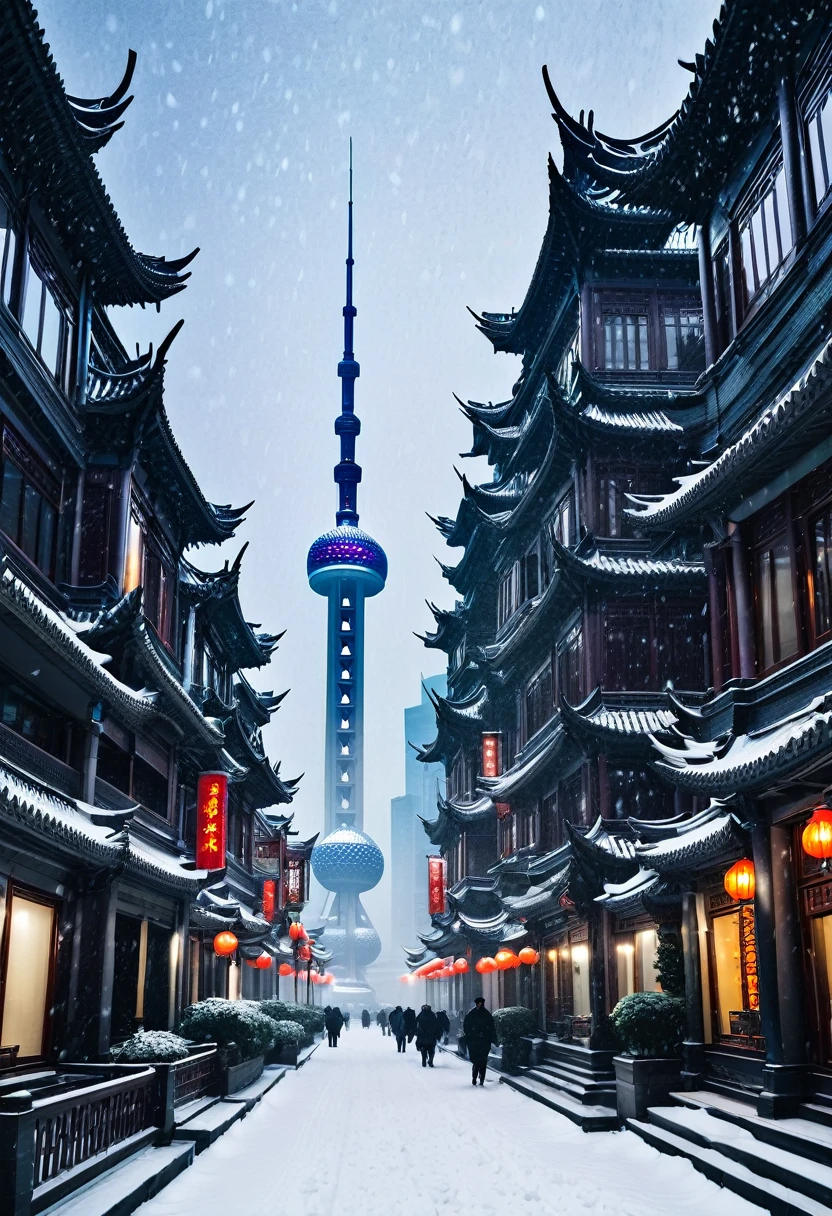 Shanghai, City景观, architecture, Non-human, cold天空,(Blizzard:1.5), Snowstorm, City, Dark sky, cold，Covered in heavy snow