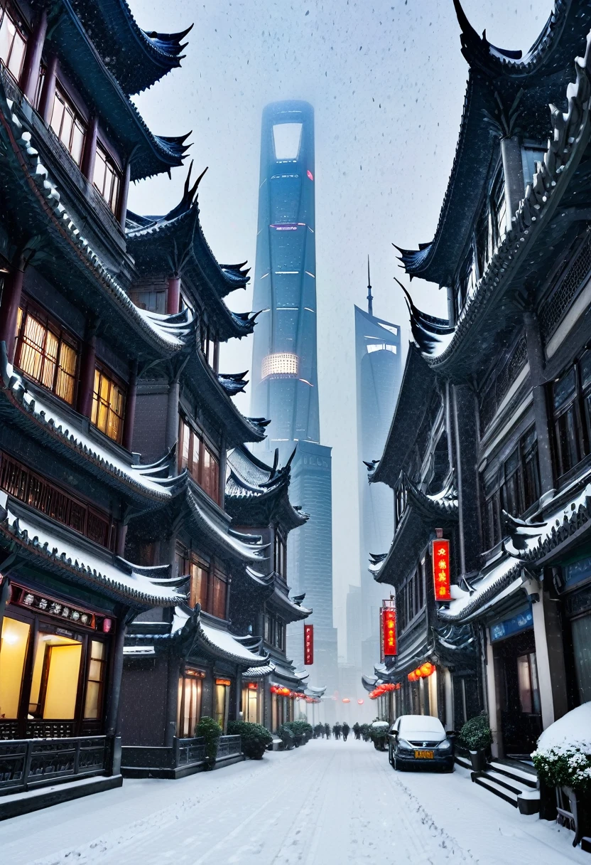 Shanghai, City景观, architecture, Non-human, cold天空,(Blizzard:1.5), Snowstorm, City, Dark sky, cold,Covered in heavy snow