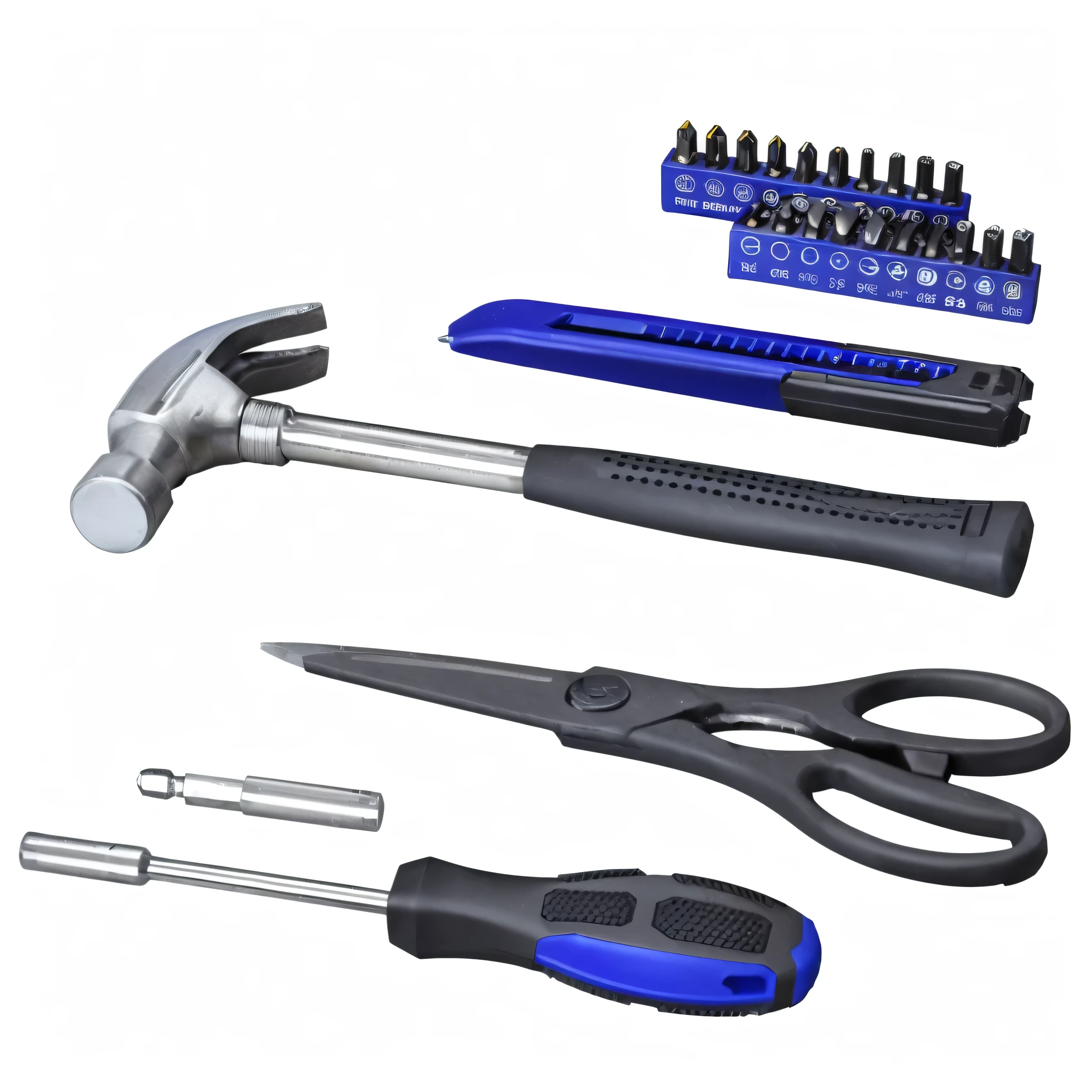 a close up of a hammer, screwdriver, and other tools, tools, tool, hammer, detailed product photo, White background, wrench, Product Image, "High quality product image", screwdrivers, product photo, Complete tool set, high resolution product photo, toolbelt, Product introduction photos, hardware, product photograph, Packaging snapshot, Detailed enlargement of photo, professional product photo,unbelievably realistic,Rendering