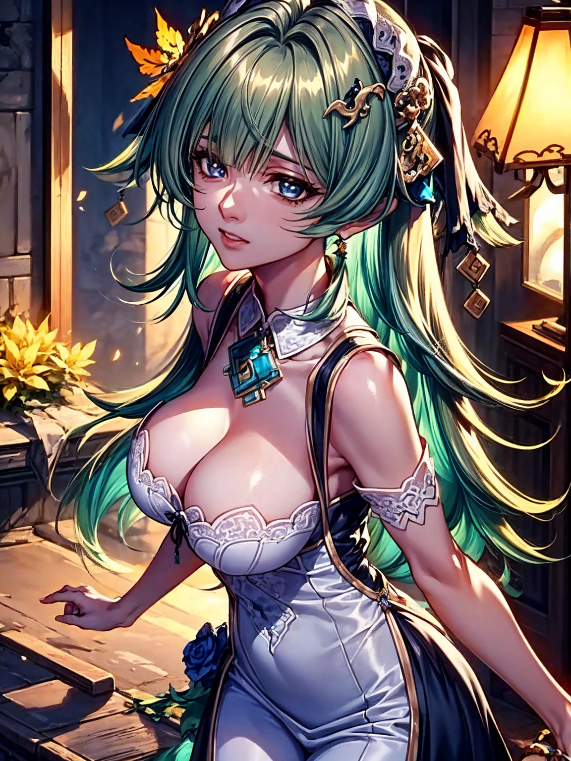 top-quality、tmasterpiece、Very high resolution、super high image quality、High-quality pixels)、perfect eyes, perfect face, perfect body figure,solo,8K, sizable breast,(Detailed description of hair), (Detailed description of face),(Detailed description of body), fair and clear skin, matchless beauty, long legged, light green hair details expressed, The details have been upgraded, light blue eyes, chinese style maid costume, maid hair band, Huohuo (Honkai Star Rail), evening, cowboy shot