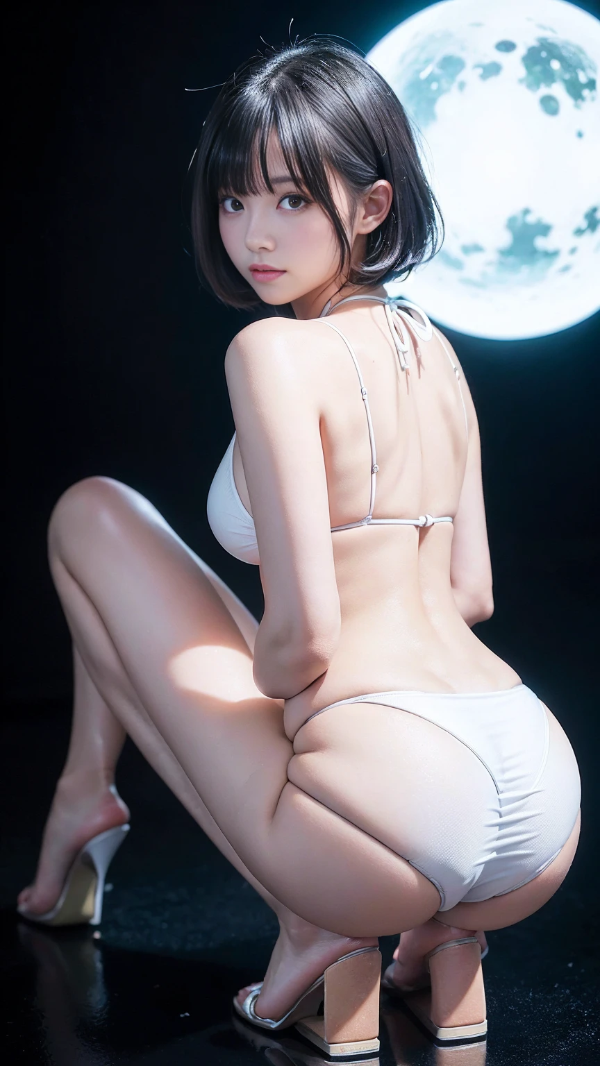 Highest quality, Very detailed, High resolution, 8k images), ((White T-Back Bikini)),((White micro mini bikini)),((Show me your)), ((Stick your butt out)),(Squat with legs apart), Fine and beautiful eyes,Perfect Proportions,(Overflowing big),(whole bodyが映る後ろからのアングル), Very beautiful and cute girl,22 years old,(anime),Kamimei, Pitch black background,(Solid black background),alone,short hair,Symmetric,whole body