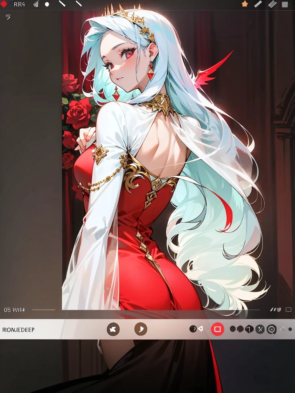 Add in roses to her dress, a good back dress design with some golden jewelry, make her dress into a red and white gown with a hat, give her some unique Jewelry, and make her look somewhat of a demonic angel like appearance to her