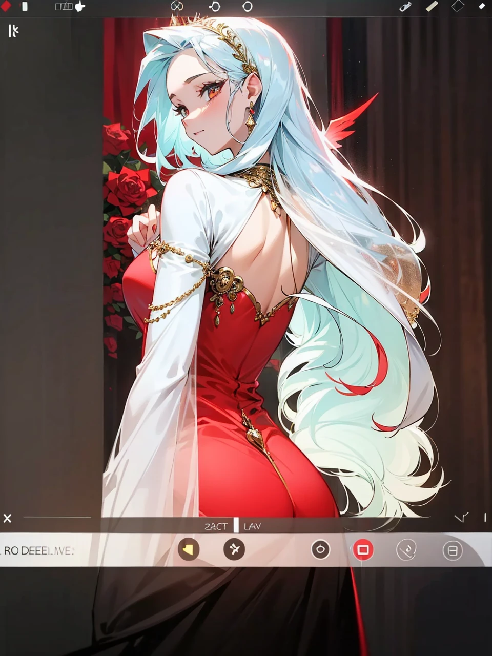 Add in roses to her dress, a good back dress design with some golden jewelry, make her dress into a red and white gown with a hat, give her some unique Jewelry, and make her look somewhat of a demonic angel like appearance to her