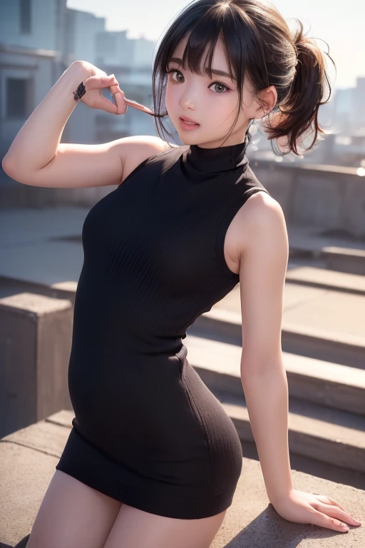 #基本 
女の子がphotographのポーズをとっている, (((One :0.8, Very young:0.8, cute:1.3))), 
break 

#Clothing Accessories 
(Black high neck sleeveless knit dress:1.4) + Gold Belt + Shiny and sheer black pantyhose + Glossy black high heels, 
red gemstone earrings,  
break 

#Features 
((Light purple hair)), ((Bangs that expose the forehead) + (I can see your beautiful forehead)), (ponytail : short hair + Full hair + Hair blowing in the wind),  
(Droopy eyes, blue eyes), (Small breasts), 
break 

#background environment 
(night、(sf, future worldview, 未来の都市のnight景, Crescent Moon)), 
#Facial Expression Pose 
((smile + Teeth are visible + Laughing with your mouth open), (Sitting on the roof of a building, It feels like me&#39;turn around)), 
#composition 
((To the camera, Side angle, Cowboy Shot)),  
break 

#Body parts elements Slim figure, 
(Detailed Hair, Beautiful Hair, Shiny Hair), 
(double eyelid, Long eyelashes), 
(Expression of fine eyes, Beautiful and delicate eyes, Sparkling eyes, Eye Reflexes, Glitter Eyeliner), 
(Human Ear), 
(Beautiful Nose, Thin Nose), 
(Glossy Lips, Beautiful Lips, Thick lips, Glossy Lips, Natural Cheeks), 
(Detailed face, Symmetrical facial features), 
(Detailed skin, Textured skin, Beautiful Skin, Glowing Skin), 
break 

#quality 
(((最高quality)), ((masterpiece)), ((Very detailed))), ((High resolution), (8k)), (Photorealistic:1.5), 
(Realistic), (Anatomically correct), 
((Raw photography)), (photograph), (3DCG), 
