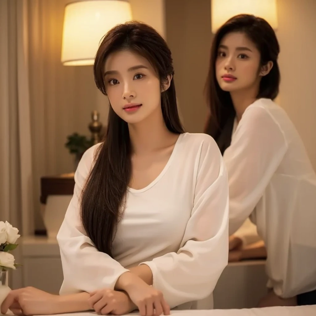 A woman posing for the screen、long brown hair and a white shirt, south east asian round face, without makeup,brightly lit, 30 years old ,taken in the early 2020s, detailed face of a asian girl