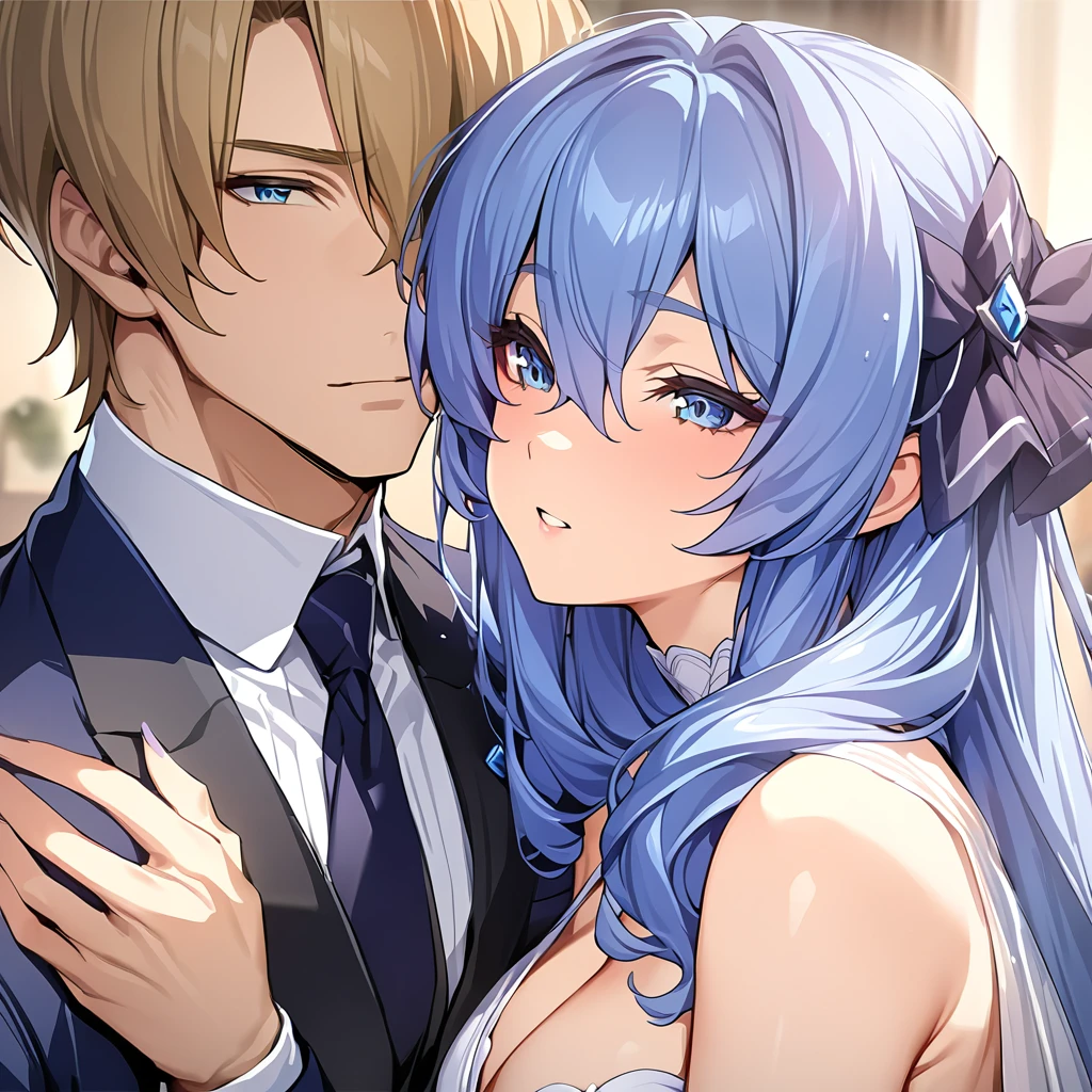 ((Highest quality)), ((masterpiece)), (detailed), （Perfect Face）、The woman is Extia and has medium-long blue hair.、The man is a handsome man with medium-long blonde hair.、The man and the woman are close together