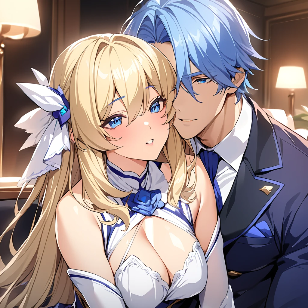 ((Highest quality)), ((masterpiece)), (detailed), (Perfect Face)、The woman is Extia and has medium-long blue hair.、The man is a handsome man with medium-long blonde hair.、The man and the woman are close together