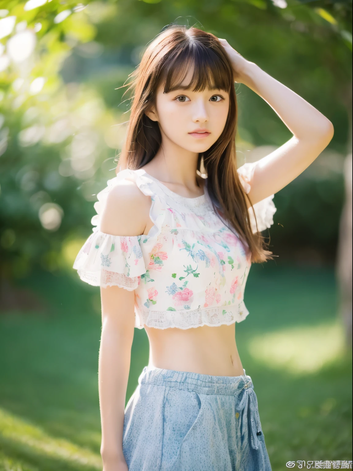 (8k, Top quality, Masterpiece:1.2), (Realistic, photo-realistic:1.37), Super detailed, perfect anatomy, cute, small eyes, Fashion-model outfit, 18 years old, a Japanese, girl, posing, outdoor, in summer,