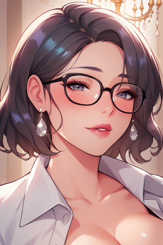 Hot sexy beautiful cute milf  ,white shirt,black pencil skirt, silver chandelier earrings,big breasts,  lipstick,makeup, black,two falling hair strands,blush,short hair , glasses , biting lips 