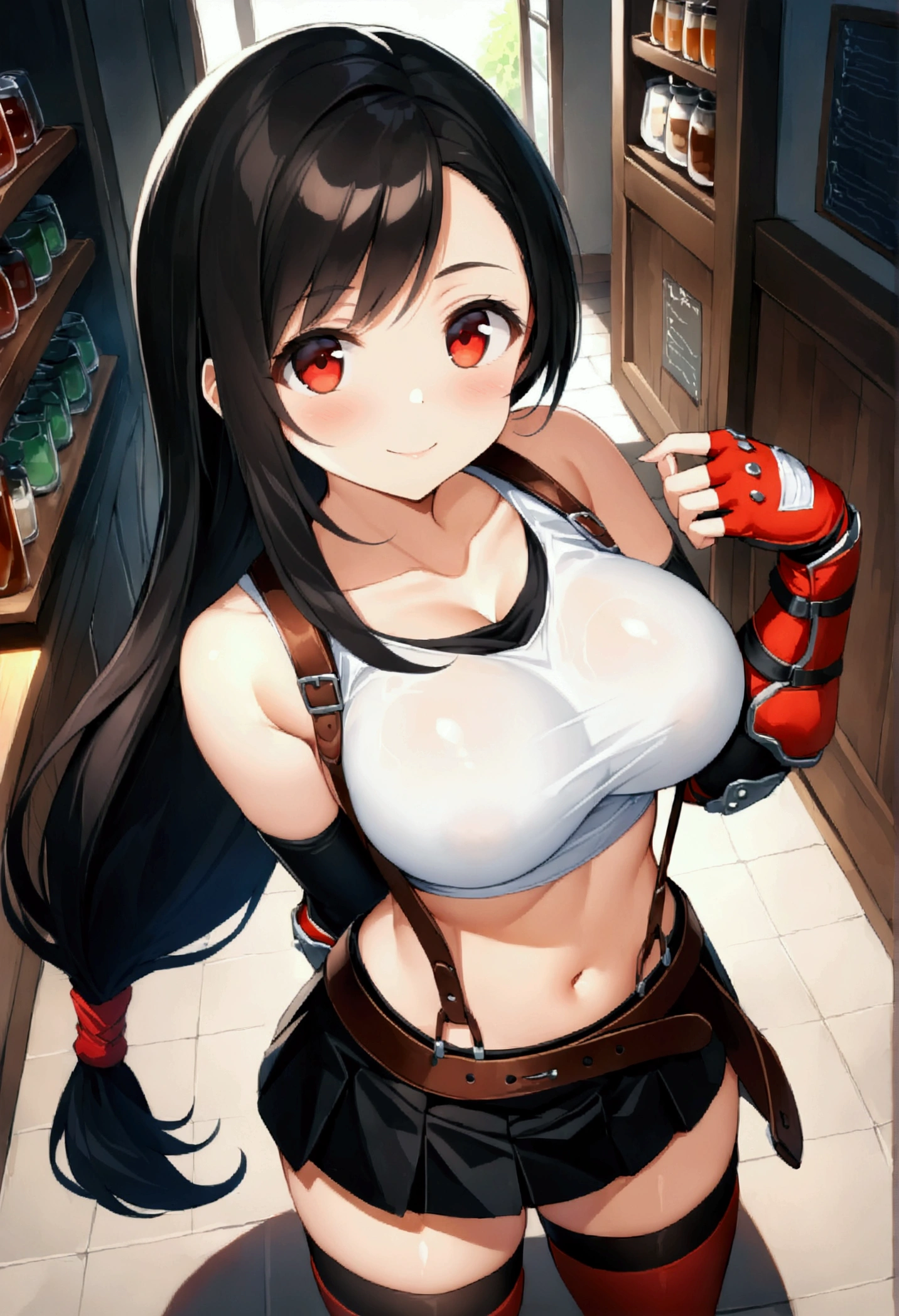 score_9, score_8_up, score_7_up,,8k,rating_safe BREAK ,(source_anime).,above view,breast focus,standing,contrapost pose,(upperbody),looking_at_viewer ,1girl, tifa lockhart, final fantasy, tareme,black hair, low-tied long hair, red eyes, bangs, (white tank top, belt, pleated skirt, thighhighs, elbow fingerless gloves, elbow pads, midriff, navel,suspender skirt) ,large_breasts,(light smile),,,Solo,,(daytime and cafebar),slender_waist,(best quality),(aesthetic,very aesthetic),(HDR,maximum detail),superior contrast.depth of field,