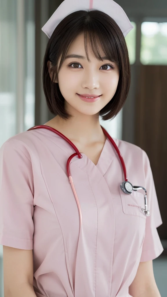 (Highest quality: 1.5), (Realistic: 1.5), (1 person: 1.5), Very detailed, High resolution, 8k,Natural color lips, Cute Smile, Japanese women, 20-year-old girl, Beautiful and elegant features, Perfect and beautiful face, Balanced big eyes, Beautiful and elegant features, Natural double eyelids, Natural Bangs, Beautiful thin nose, Beautiful Skin, Medium Bob Hair , Natural Bangs , Perfect and beautiful face, Slim face and figure, (Looking at the camera with a sweet smile), Bright lighting, Professional Lighting, Forward lighting, Beautiful feet: 1.2, Smooth Skin, Slender body, Slim waistline, slim thin thighs, Detailed clothing,  (real short nurse uniform:1.2), (nurse:1.4), Ultra HD, Realistic, hospital, Light Pink
