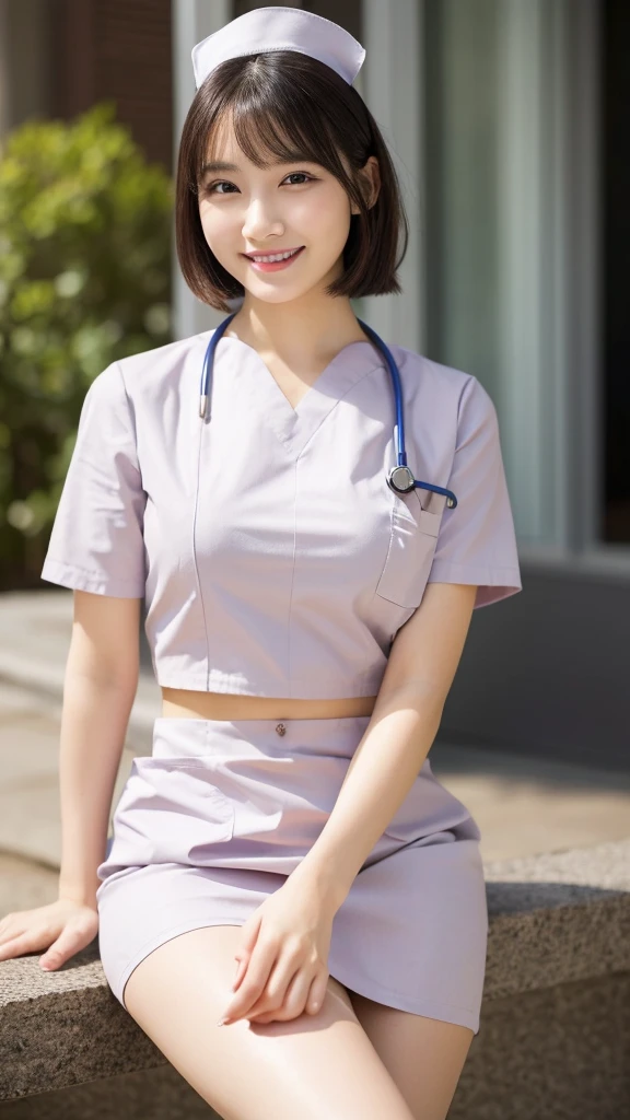 (Highest quality: 1.5), (Realistic: 1.5), (1 person: 1.5), Very detailed, High resolution, 8k,Natural color lips, Cute Smile, Japanese women, 20-year-old girl, Beautiful and elegant features, Perfect and beautiful face, Balanced big eyes, Beautiful and elegant features, Natural double eyelids, Natural Bangs, Beautiful thin nose, Beautiful Skin, Medium Bob Hair , Natural Bangs , Perfect and beautiful face, Slim face and figure, (Looking at the camera with a sweet smile), Bright lighting, Professional Lighting, Forward lighting, Beautiful feet: 1.2, Smooth Skin, Slender body, Slim waistline, slim thin thighs, Detailed clothing, (real short nurse uniform:1.2), (nurse:1.4), Ultra HD, Realistic, hospital, Light Pink