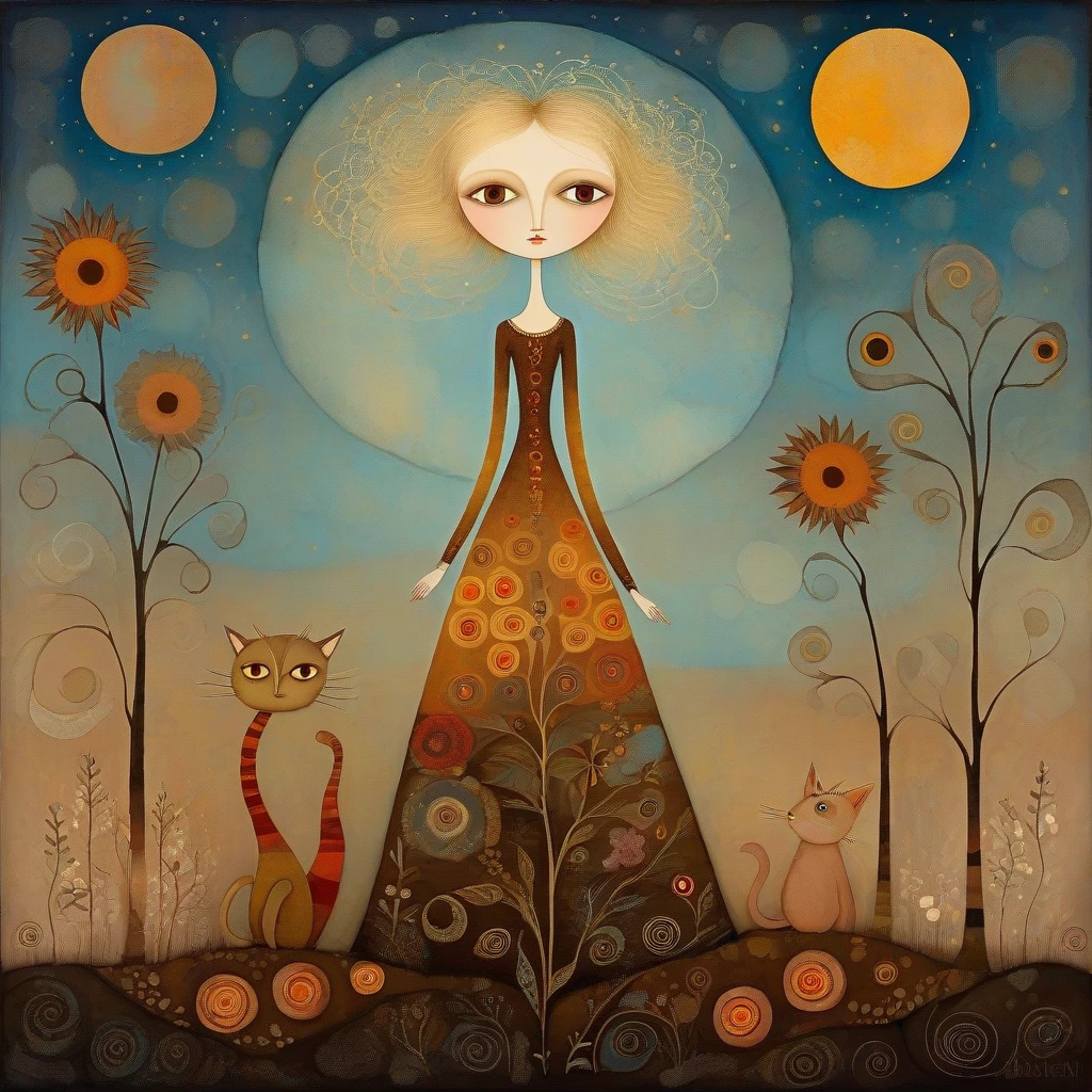 In the style of Andy Kehoe, Paul Klee, Tracy Grimwood. a tall, stylized, otherworldly, light-skinned girl wearing a long, ornate dress with intricate patterns and warm, earthy colors, blonde hair, flowing down her body, light brown eyes . Around her cats, seahorses. The setting is ethereal, with a backdrop of sky merging into a swirling cosmos with brightly colored stylized celestial bodies and planetary rings. The ground is adorned with delicate stylized flowers, suggesting an otherworldly garden. characters have serene expressions, and their presence adds a magical and surreal touch to the scene.