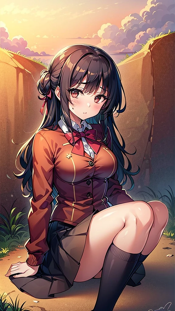 ((Masterpiece)), (maximum quality), 1 girl,she's alone, busty and butt; black hair with blue bits, short hair, brown eyes and white skin; He is wearing a white shirt on top, and underneath only a black thong; is with a sexy pose, shy look, is sweating, and his cheeks are blushing, image for wallpaper, (random background)