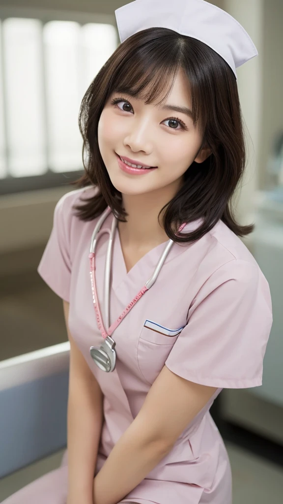 (Highest quality: 1.5), (Realistic: 1.5), (1 person: 1.5), Very detailed, High resolution, 8k,Natural color lips, Cute Smile, Japanese women, 20-year-old girl, Beautiful and elegant features, Perfect and beautiful face, Balanced big eyes, Beautiful and elegant features, Natural double eyelids, Natural Bangs, Beautiful thin nose, Beautiful Skin, Medium Bob Hair , Natural Bangs , Perfect and beautiful face, Slim face and figure, (Looking at the camera with a sweet smile), Bright lighting, Professional Lighting, Forward lighting, Beautiful feet: 1.2, Smooth Skin, Slender body, Slim waistline, slim thin thighs, Detailed clothing, (real short nurse uniform:1.2), (nurse:1.4), Ultra HD, Realistic, hospital, Light Pink