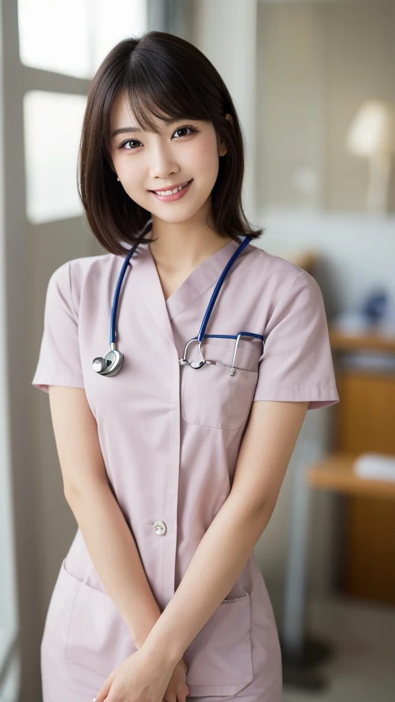 (Highest quality: 1.5), (Realistic: 1.5), (1 person: 1.5), Very detailed, High resolution, 8k,Natural color lips, Cute Smile, Japanese women, 20-year-old girl, Beautiful and elegant features, Perfect and beautiful face, Balanced big eyes, Beautiful and elegant features, Natural double eyelids, Natural Bangs, Beautiful thin nose, Beautiful Skin, Medium Bob Hair , Natural Bangs , Perfect and beautiful face, Slim face and figure, (Looking at the camera with a sweet smile), Bright lighting, Professional Lighting, Forward lighting, Beautiful feet: 1.2, Smooth Skin, Slender body, Slim waistline, slim thin thighs, Detailed clothing, (real short nurse uniform:1.2), (nurse:1.4), Ultra HD, Realistic, hospital, Light Pink