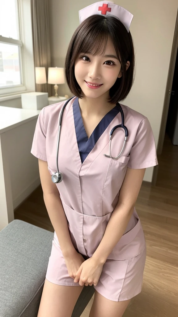(Highest quality: 1.5), (Realistic: 1.5), (1 person: 1.5), Very detailed, High resolution, 8k,Natural color lips, Cute Smile, Japanese women, 20-year-old girl, Beautiful and elegant features, Perfect and beautiful face, Balanced big eyes, Beautiful and elegant features, Natural double eyelids, Natural Bangs, Beautiful thin nose, Beautiful Skin, Medium Bob Hair , Natural Bangs , Perfect and beautiful face, Slim face and figure, (Looking at the camera with a sweet smile), Bright lighting, Professional Lighting, Forward lighting, Beautiful feet: 1.2, Smooth Skin, Slender body, Slim waistline, slim thin thighs, Detailed clothing,  (real short nurse uniform:1.2), (nurse:1.4), Ultra HD, Realistic, hospital, Light Pink
