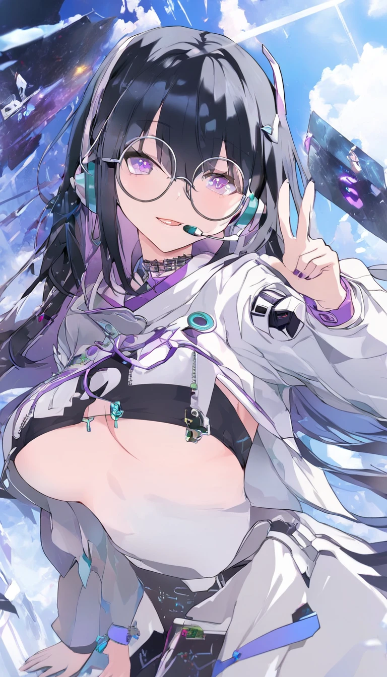 a computer video game with digital character in a futuristic setting with a headset, 1girl, breasts, solo, black hair, purple eyes, v, glasses, underboob, round eyewear, looking at viewer