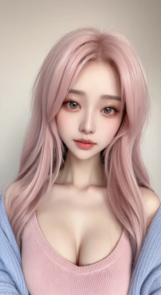 Beautiful woman with perfect figure:1.4,Layered Hair Style,potruding nipple:1.2,blue sweater,Highly Detailed Face and Skin Textur,double eyelid,Whitening Skin,Long pink hair