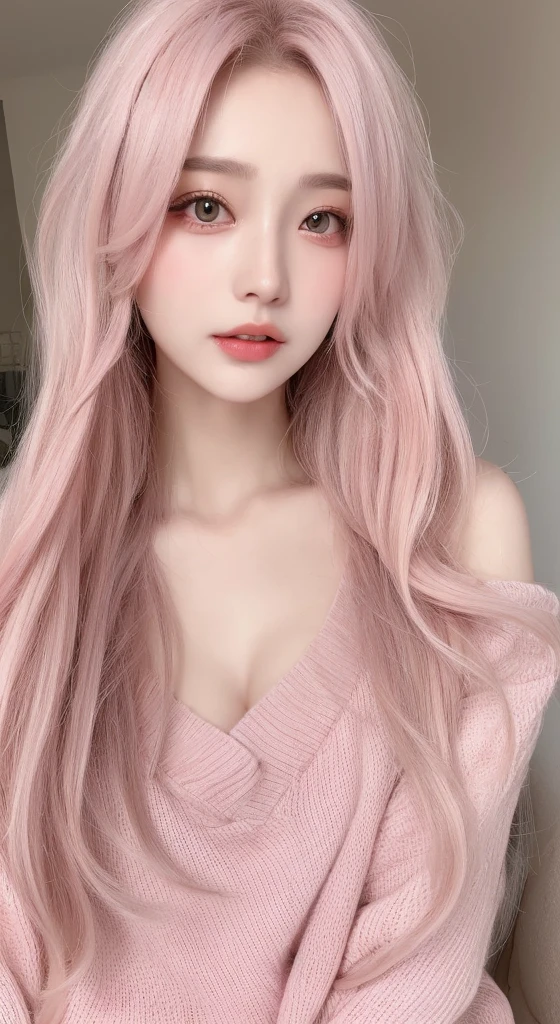Beautiful woman with perfect figure：1.4，Layered Hair Style，potruding nipple：1.2，blue sweater，Highly Detailed Face and Skin Textur，double eyelid，Whitening Skin，Long pink hair