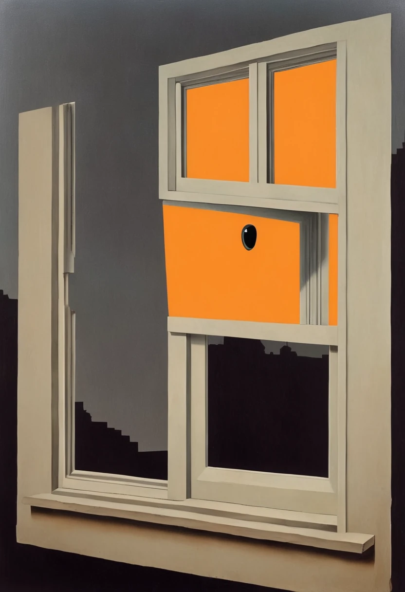 René Magritte，Surreal and strange dislocation art：Collage画，There are many different things on the face，house，window，Geometric Dislocation，Collage,Hollow，Artistic sense，Painting，paint，Simple，Black and Orange