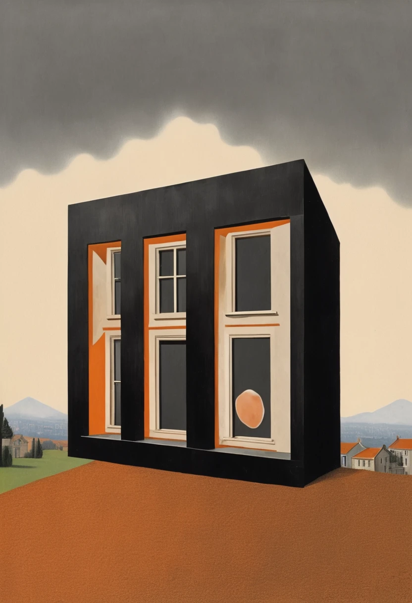 René Magritte，Surreal and strange dislocation art：Collage画，There are many different things on the face，house，window，Geometric Dislocation，Collage,Hollow，Artistic sense，Painting，paint，Simple，Black and Orange