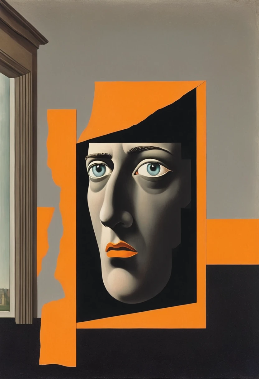 René Magritte,Surreal and strange dislocation art:Collage画,There are many different things on the face,house,window,Geometric Dislocation,Collage,Hollow,Artistic sense,Painting,paint,Simple,Black and Orange