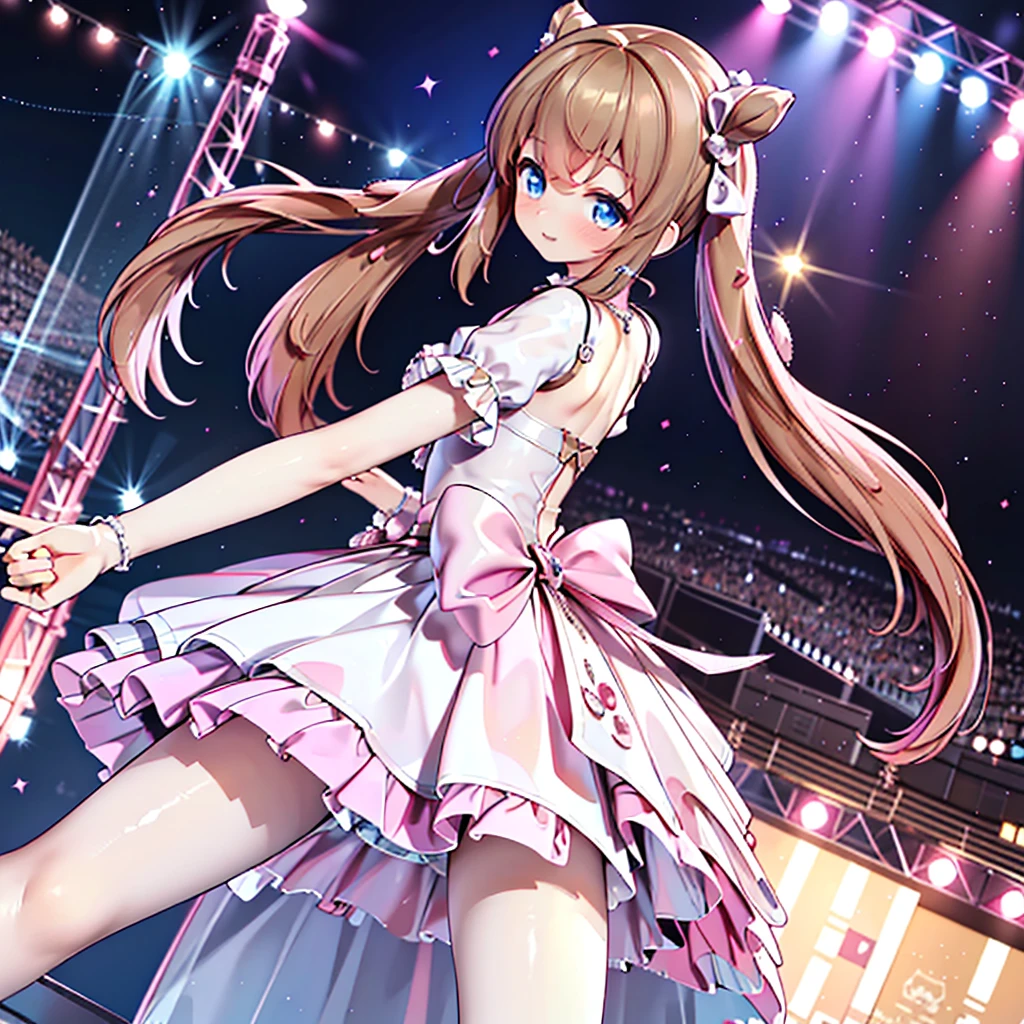 Solo girl, comical, kawaii, Blue eyes, light brown hair, back high twintails, front low braids, princess dress, smile, side view, from bottom, dance at the stage, neon and led lights, posing, sexy, high-resolution image, masterpiece, high quality, attractive eyes, ((dutch angle)), sexy, underwear
