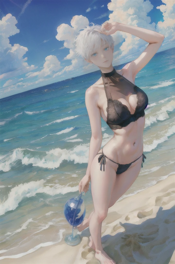 (best quality, highres:1.1), Gojo Satoru female version, genderbend, wearing a black lace lingerie, 1girl, solo, short hair , white hair, blue eyes, open navel (visible navel), outdoors, beach (clouds on the background, usual ocean, sand), standing on sand, full body view, full visible legs, visible foots, hourglass figure, 