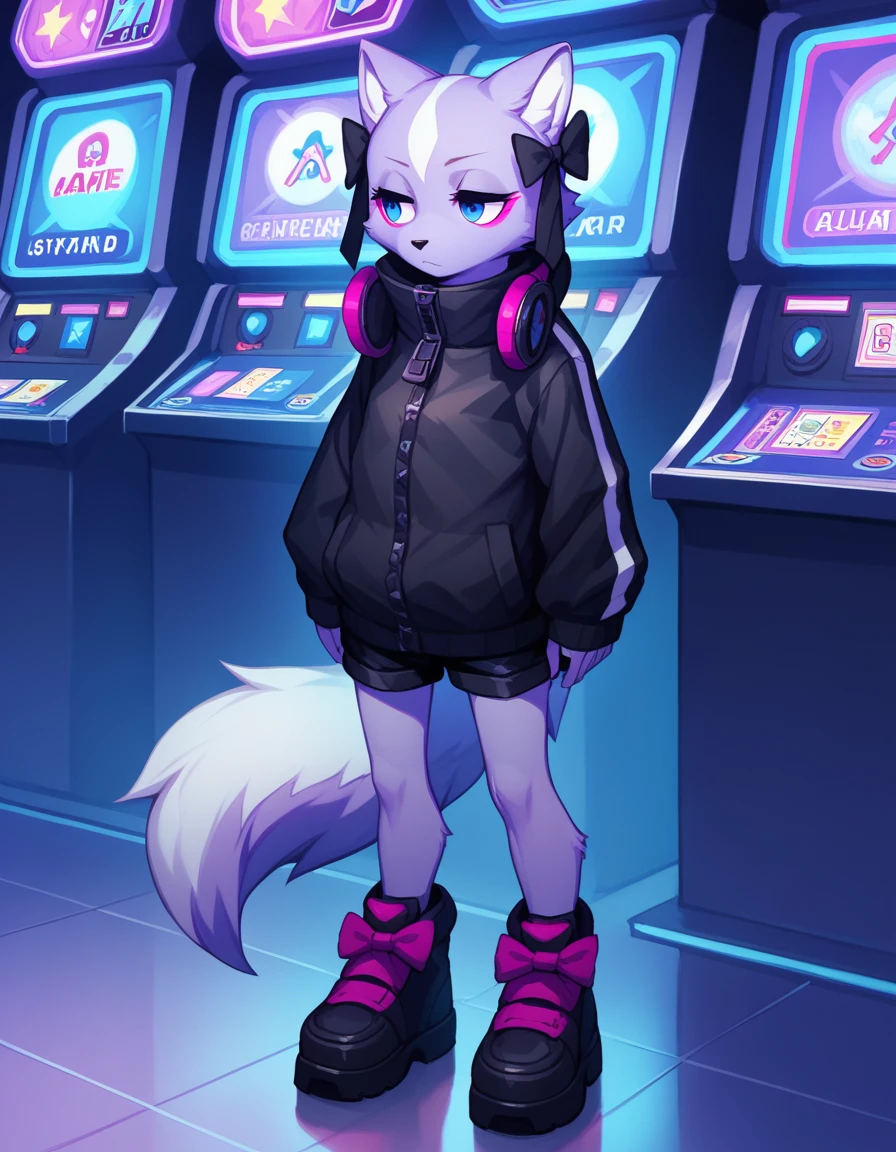 Solo, score_9,score_8_up, score_7_up, Shikabane, furry body,  jitome, eyes half open, magenta eyeliner, wearing black jacket, black short shorts, black shoes, in an arcade, looking around curious expression, standing