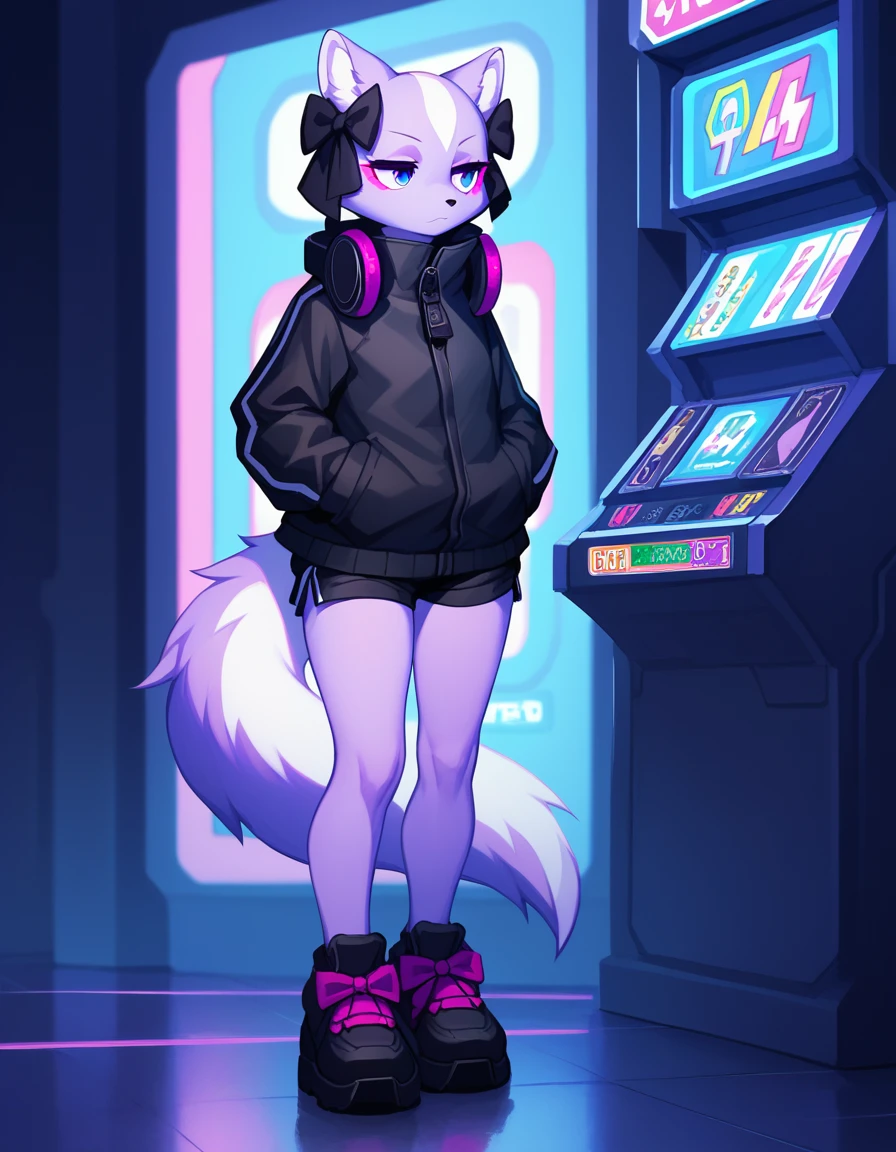 Solo, score_9,score_8_up, score_7_up, Shikabane, furry body,  jitome, eyes half open, magenta eyeliner, wearing black jacket, black short shorts, black shoes, in an arcade, looking around curious expression, standing