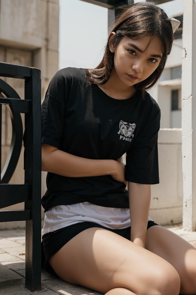 A girl wears a black t-shirt that says pahing,beside him was a white tiger