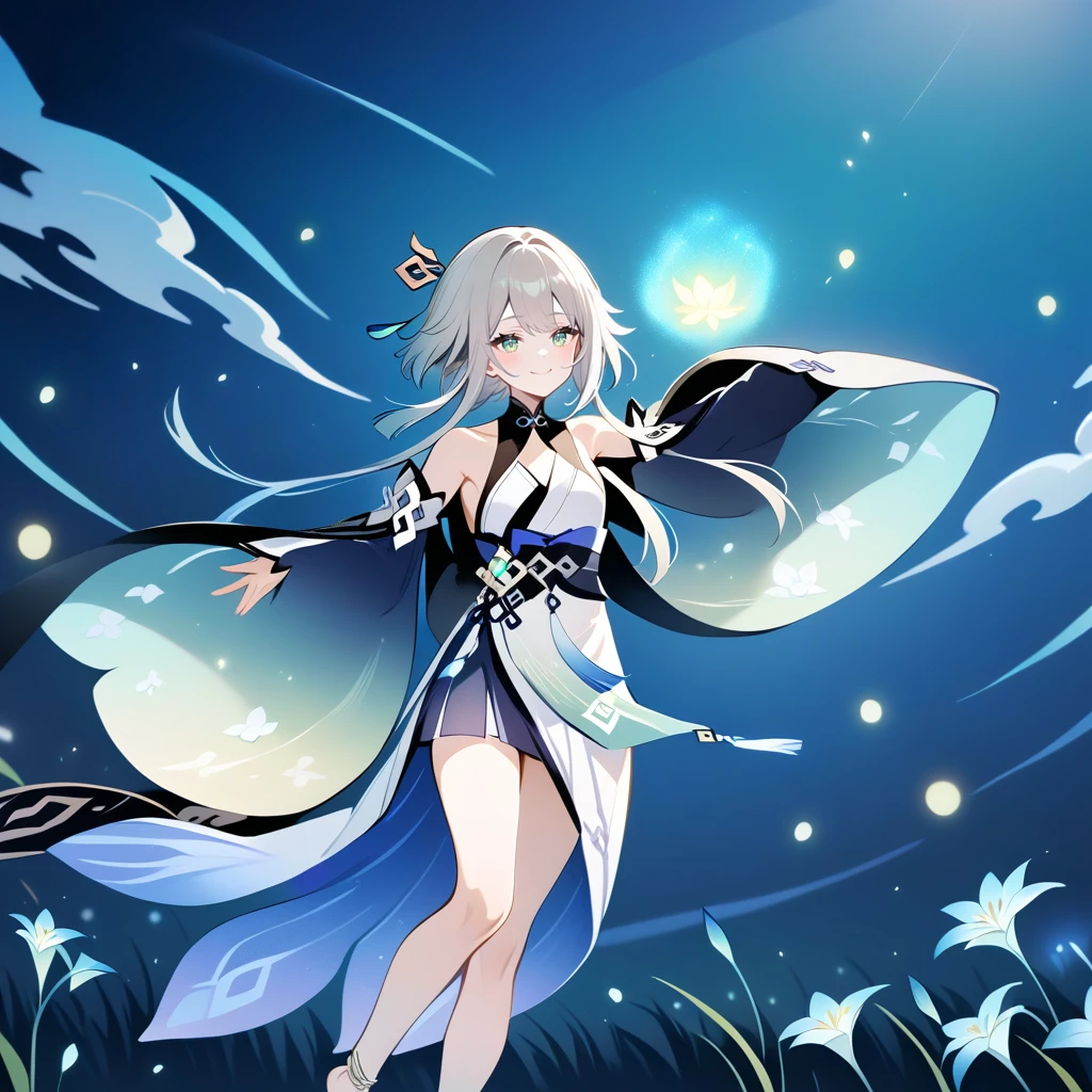 1girl, guizhong_\(genshin_impact\),light grey hair,short_hair_with_long_locks,starry_sky_print,detached_sleeves, long sleeves that drape over hands past fingers,dancing,hanfu,illustrated by matsuryuu and agahari and dsmile,pale green-grey eyes,stunning field of softly glowing blue and white glaze lilies,night scene,gentle smile,moonlight,glossy lips,soft anime coloring,cel shading,smooth, soft dreamy focus,anklet,halter_top,white clothes,highly detailed,digital painting,field of flowers,bare_shoulders,mihoyo,barefoot,cool night tones, magical night scene,masterpiece, best quality, film, bokeh, multicolored light particles,professional, 4k, highly detailed,fireflies,Guardian nebula of rainbow light and silvery vapor,ai-generated,goddess of stardust,realistic:.25