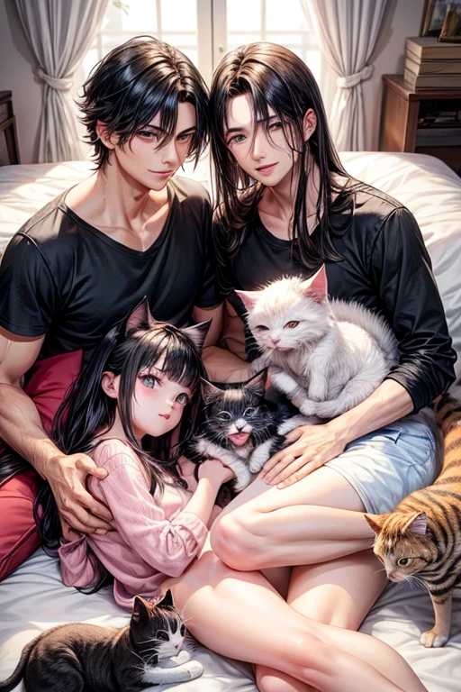 A young man and three little kittens,3 kittens,A young man surrounded by small kittens,Fresh young man,A young man with a lovely, gentle smile,Young man with his mouth wide open,Cats surround the screen,Cat smiles too,color々Kittens of all kinds,A bright, sunny room,Inside the room,On the bed,Black-haired man,Straight hair man,Male around 20 years old,anime