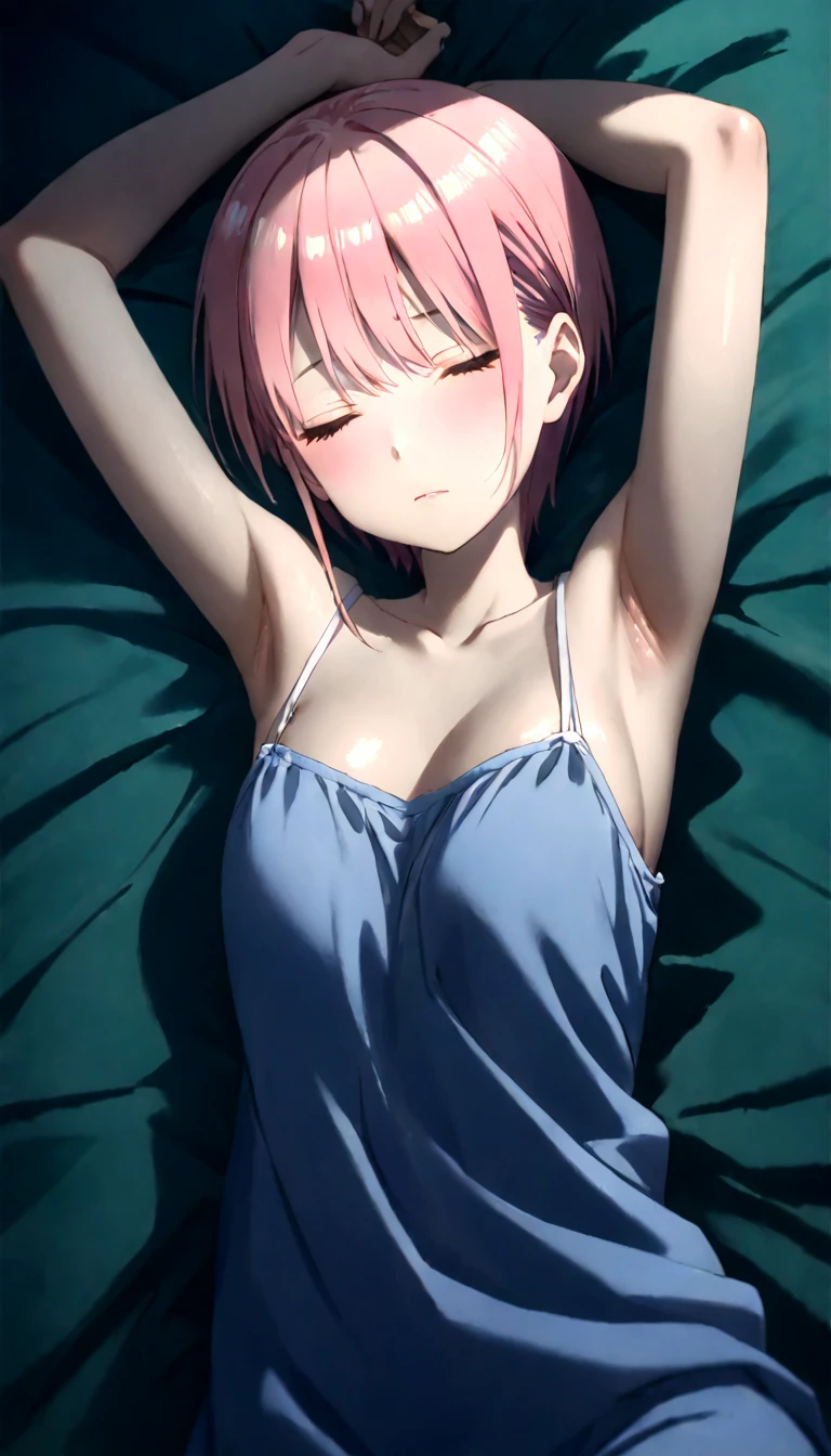 (Highest quality、Masterpiece、Very detailed、4K)、One Woman、************、short hair、Pink Hair、(((Nakano Ichika)))、Beautiful armpits、chest、arm、Sleeping in bed