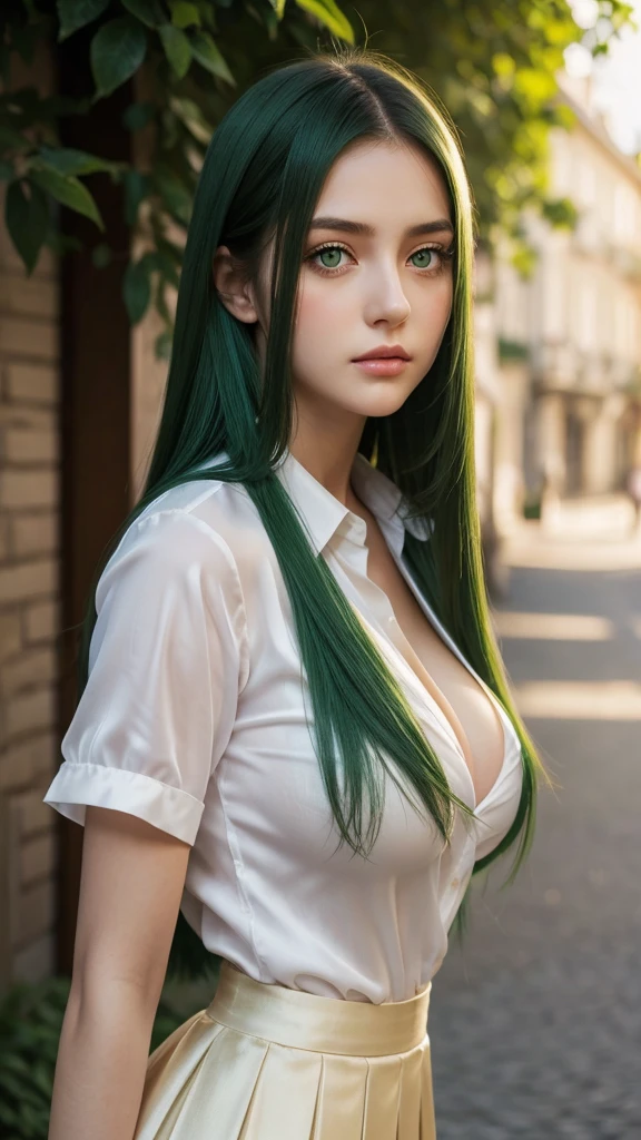 a girl. face sent feeling. Europe. Oval face. long face. delicate facial features. sad eyes. seductively seductive. green eyes. long straight hair. green hair like. sad expression. big breasts. big body. big thighs. white shirt. Pleated silk skirt. straight face. shy standing posture. outdoor