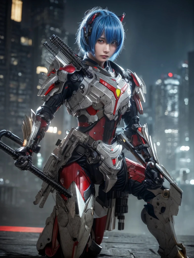 (top-quality:1.2, masterpiece), ultra high resolution, (Photorealsitic:1.4),, (bird-type mechanical heavy armor), (mechanical armor:1.3), light red base with silver and bronze accent, 1 Japanese female soldier, extremely realistic face, (blue hair), ((ultimately intricate all details)), (whole body picture), realistic shadow, octan render, 8K, ultrasharp, character edge light, Details of complex ornaments, Hydraulic cylinder, power cable, dystopia with a beautiful view at night,