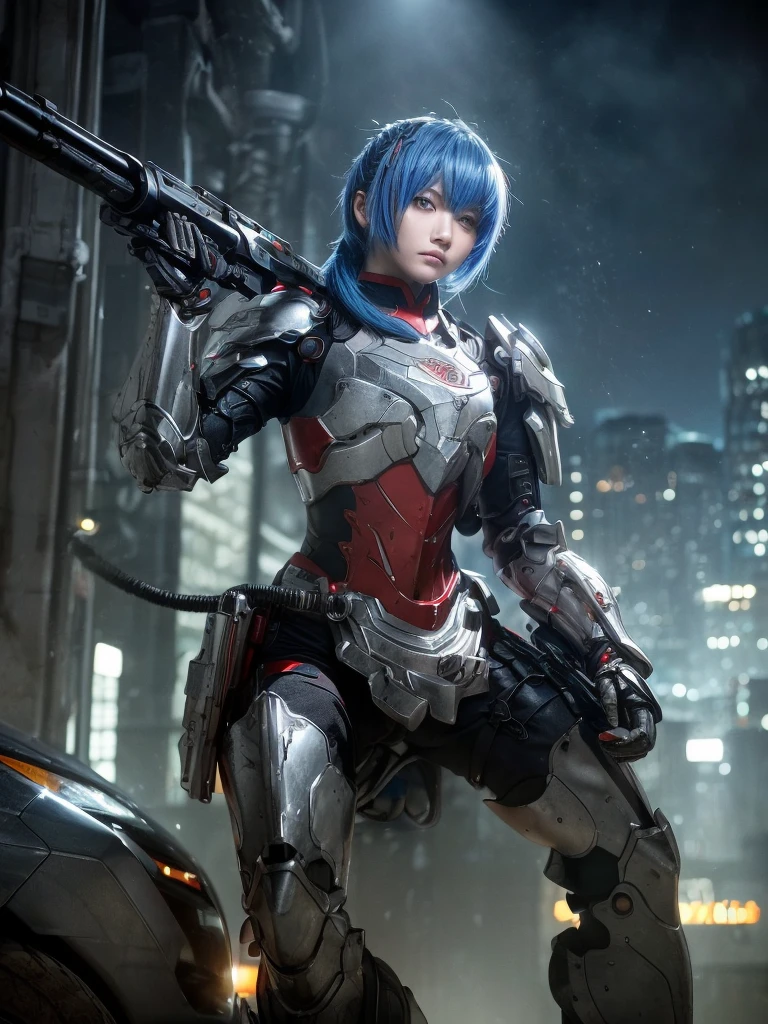 (top-quality:1.2, masterpiece), ultra high resolution, (Photorealsitic:1.4),, (bird-type mechanical heavy armor), (mechanical armor:1.3), light red base with silver and bronze accent, 1 Japanese female soldier, extremely realistic face, (blue hair), ((ultimately intricate all details)), (whole body picture), realistic shadow, octan render, 8K, ultrasharp, character edge light, Details of complex ornaments, Hydraulic cylinder, power cable, dystopia with a beautiful view at night,