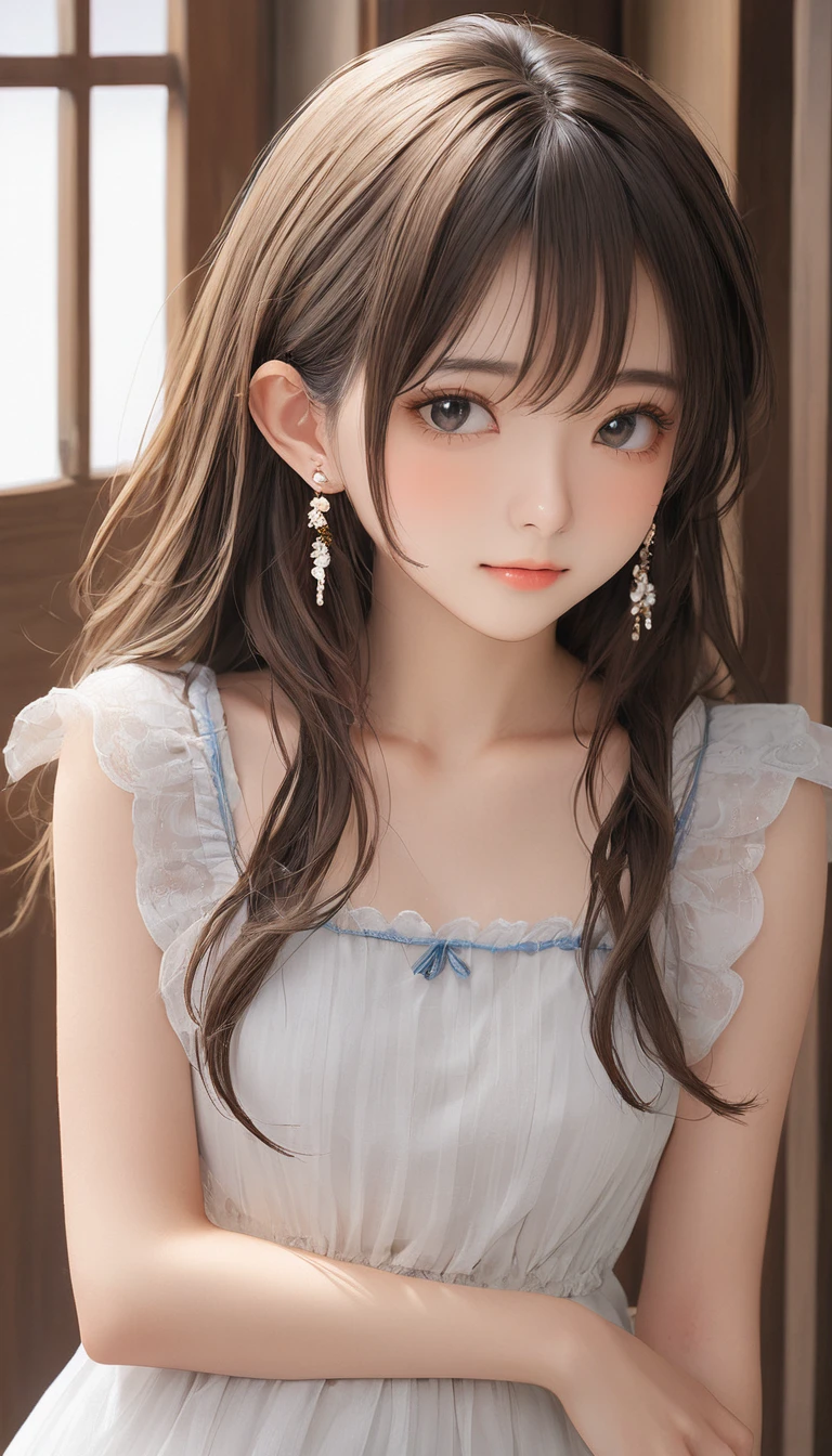 (masterpiece, Highest quality:1.2), One girl, alone,bony body、、Side lock hair、Earrings