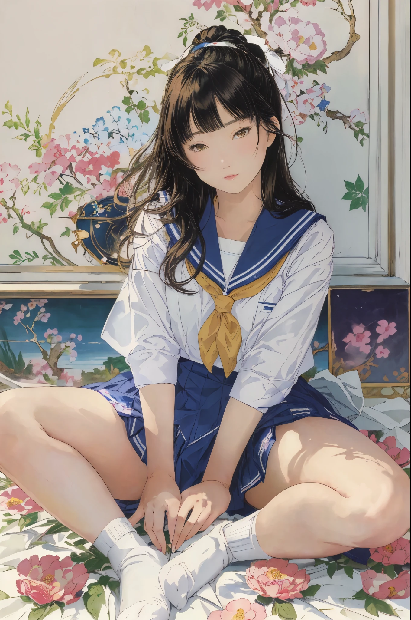Detailed Background,Art Deco,Beautiful landscape painting,Botanical Art,Flower Art,(Floral:1.2), (masterpiece, Highest quality),Vibrant colors,colorful, Highest quality, Amazing details, Anatomically correct, Line art, Written boundary depth,Flat Shading,Bokeh, 床に座っているSailor suitを着たアラフェッドのアジア人女性, ((White socks)), Japan Girls' Uniform, Japanese , Japaneseの習得 , seifuku, Cute school girl, Strike a Pose, Young and cute gravure idol, Young Gravure Idol, Sailor suit, Young Japanese Girl, narumi kakinouchi, realistic Young Gravure Idol