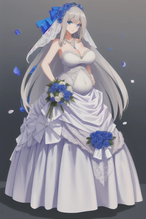 (((Best quality))),((Ultra-detailed)),((illustration)),((Disheveled hair)),((frilld)),(1 girl),(Solo),1girl,
1girl,
blue bow,
blue eyes,
blue flower,
blue ribbon,
blue rose,
bouquet,
breasts,
dress,
flower,
gradient,
gradient background,
grey background,
jewelry,
long hair,
necklace,
petals,
rose,
solo,
veil,
wedding dress,
white dress,
lexington \(warship girls r\),
gray hair,
long dress,
full body,8 months pregnant,8 months pregnant,