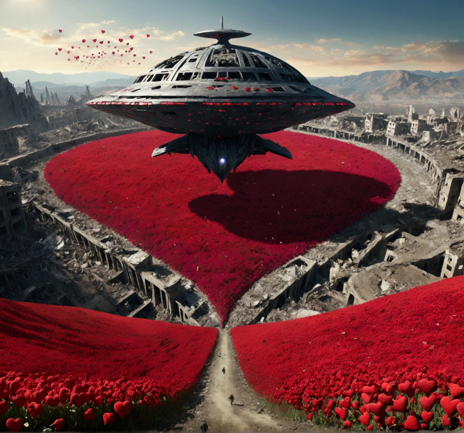 An incredible movie scene with a large spaceship in third person in the scene flies over a large valley with a field of abstract flowers in the shape of red hearts on thin stems Scscesce in the vegatation among the rubble of a destroyed city, its flight between the remains of buildings Fallen bridges Destroyed streets reflect the shadow of the large ship projected on the ruins