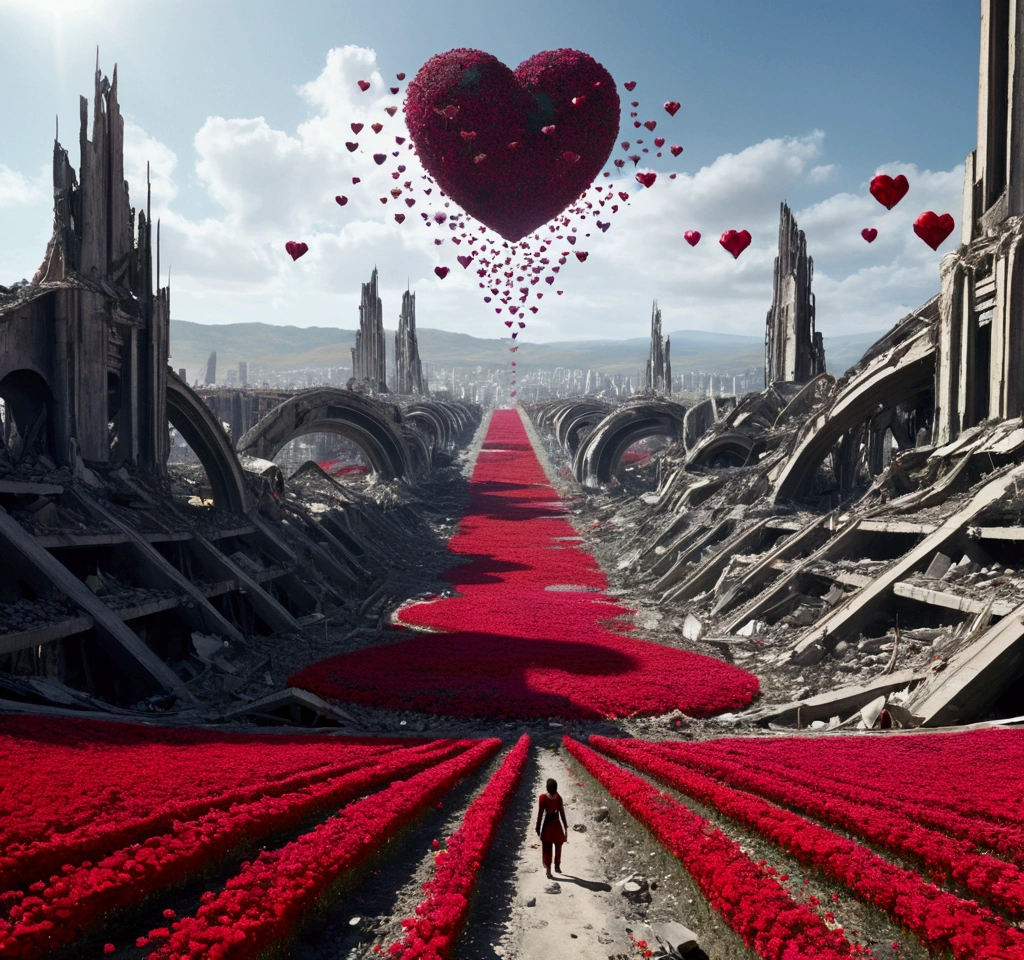 An incredible movie scene with a large spaceship in third person in the scene flies over a large valley with a field of abstract flowers in the shape of red hearts on thin stems Scscesce in the vegatation among the rubble of a destroyed city, its flight between the remains of buildings Fallen bridges Destroyed streets reflect the shadow of the large ship projected on the ruins