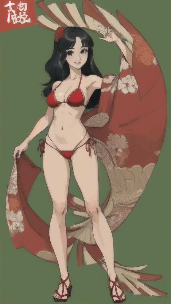 (High quality, Ultra detailed, best quality, insanely detailed, beautiful, masterpiece:1.3), cartoon, Japanese girl, Japanese idol, full body, busty, wearing a red bikini, standing, long eyelashes, smile, small nose, medium hair, black hair, facing forward, looking at the camera, highly detailed and cleanly rendered, BREAK simple green background