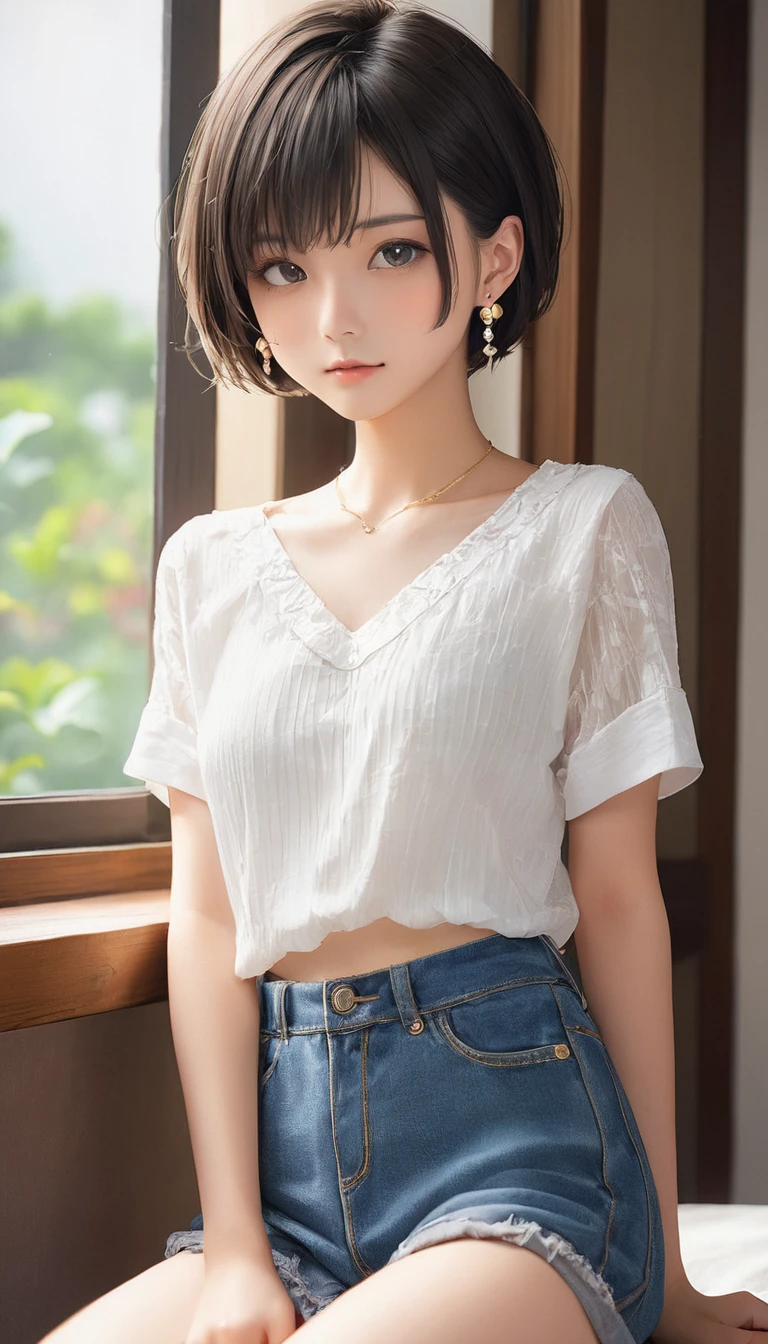 (masterpiece, Highest quality:1.2), One girl, alone,bony body、15 years old、, Extra Short Hair, Side lock hair、Earrings