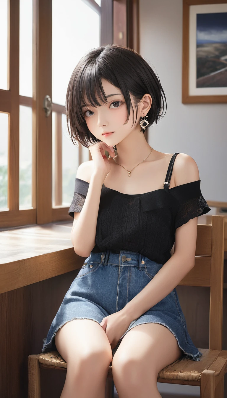 (masterpiece, Highest quality:1.2), One girl, alone,bony body、15 years old、, Extra Short Hair, Side lock hair、Earrings