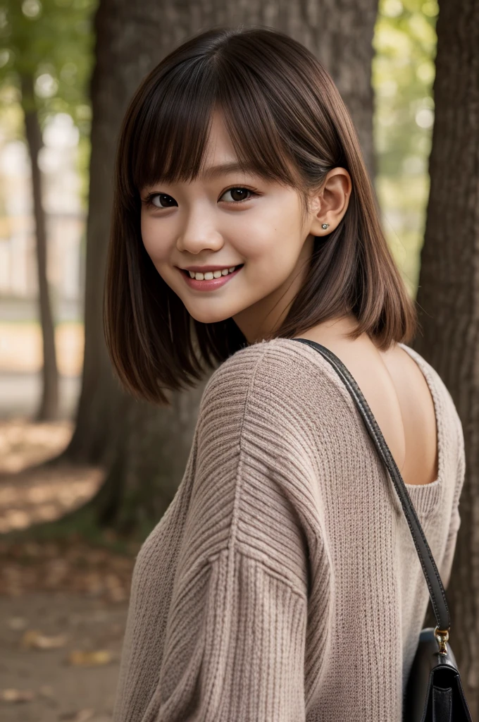 ((8K, RAW photo, best quality, masterpiece), High detail RAW color photo professional photo, (Practical, photorealism:1.5), (best quality), (The best shadow), (Best Illustration Award), Ultra-high resolutionolution, highly detailed CG unified 8K wallpapers, Physically Based Rendering, light),(Egiosar:1),photoPractical,photo,masterpiece,Practical,realism,photorealism,High contrast,photoPractical digital art trending on Artstation 8K HD high definition detailed Practical,detailed,Texture,hyper detailed,Practical Texture,Ultra-high resolution,extremely detailed,美丽的light,photo background,Women's Focus,Front view,
Pure face_v1,ulzzang-6500,
1 Girl,Solitary,Hihlola,Small wave mouth,Smile,Perfect face,Pretty Face,(Round Face:1.4),(baby face:1.4),(seductive Smile:1.5),Mature female,
sweater,Tree,Medium Length Hair,Looking at the audience,outdoor,Bag,Brown hair,Upper Body,高领sweater,Solitary focus,facial,